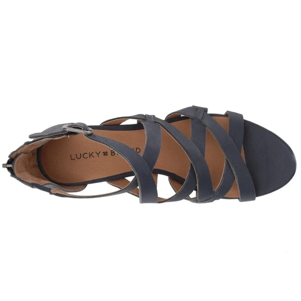 Lucky Brand Womens Navy Blue Leather Strappy Wedge Sandals Size 10M 42
